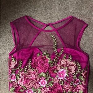 Embroidered Fuchsia Floral Mesh Crop Top